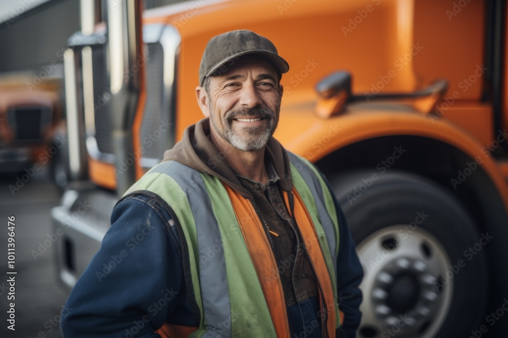 Smiling portrait of a middle aged male Caucasian truck driver Smiling portrait of a middle aged male Caucasian truck driver