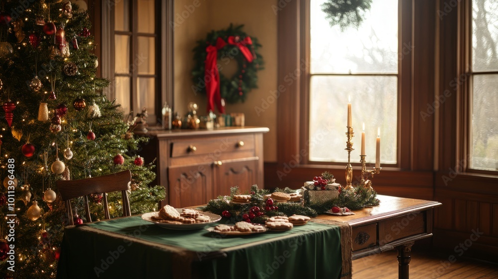 Festive dining room, table with green cloth, wooden console, Christmas tree, wreath, cookies, candle in candlestick, cozy holiday mood, natural light from windows