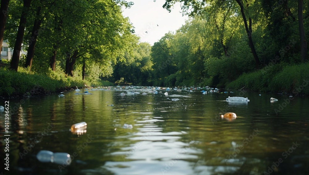 A river polluted with plastic bottles amidst lush greenery. A river polluted with plastic bottles amidst lush greenery.