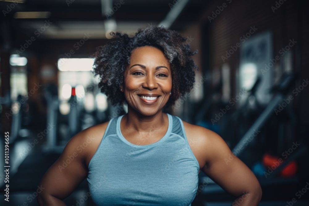 Smiling portrait of a slightly overweight African American woman in gym Smiling portrait of a slightly overweight African American woman in gym