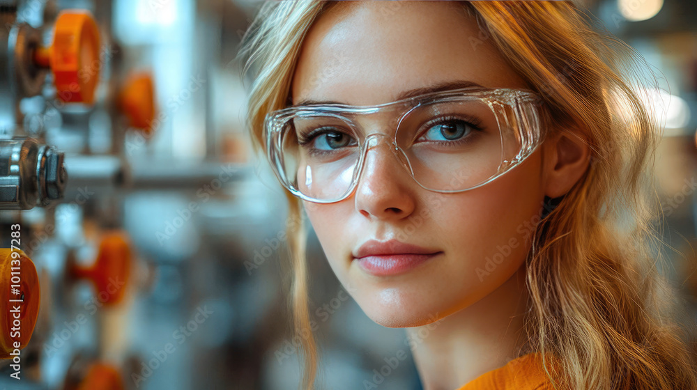 Portrait of a confident female engineer wearing a hard hat and protective glasses in an industrial setting. Representation of women in engineering and industrial work Portrait of a confident female engineer wearing a hard hat and protective glasses in an industrial setting. Representation of women in engineering and industrial work