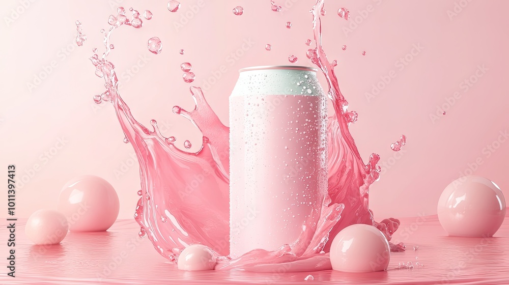 A mockup of a drink can with a dynamic liquid splash on a pastel background, creating a vibrant and energetic product display. A mockup of a drink can with a dynamic liquid splash on a pastel background, creating a vibrant and energetic product display.