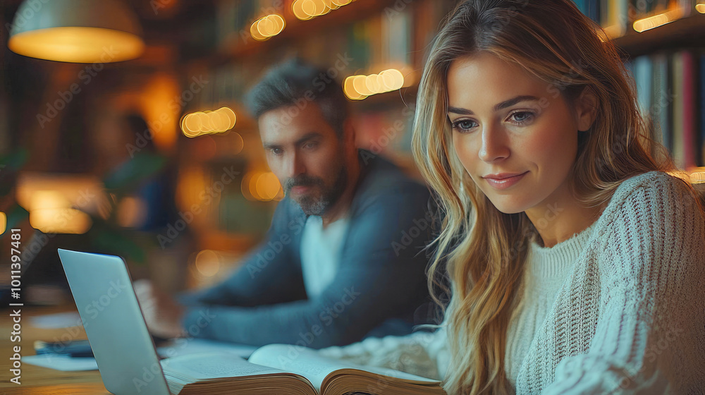 A man and a woman studying in a cozy library, with books and a laptop on the table, surrounded by warm lighting A man and a woman studying in a cozy library, with books and a laptop on the table, surrounded by warm lighting