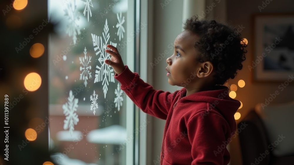 © яна винникова - A child gazes out the window, fascinated by snowflakes during a cozy winter evening at home