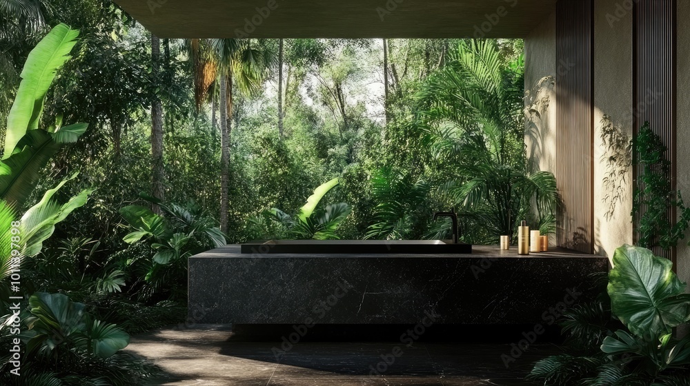 A modern black stone countertop surrounded by dense jungle greenery, ideal for presenting beauty products in a natural, A modern black stone countertop surrounded by dense jungle greenery, ideal for presenting beauty products in a natural,
