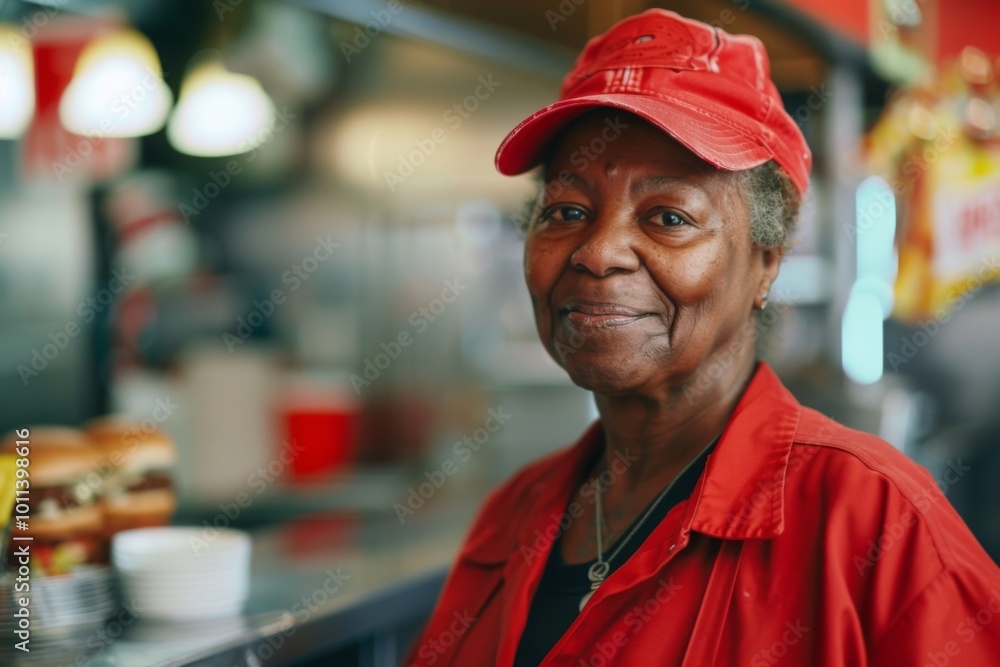 Middle aged adult african american female fast food worker Middle aged adult african american female fast food worker