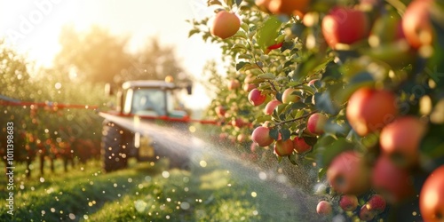 photograph of Spraying apple orchard to protect against disease and insects. Apple fruit tree spraying with a tractor and agricultural machinery photo