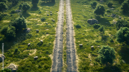 Tranquil Journey: Top-Down View of a Grassy Road photo