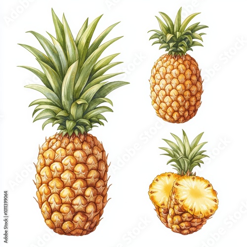 Pineapple illustrations on white isolated background.