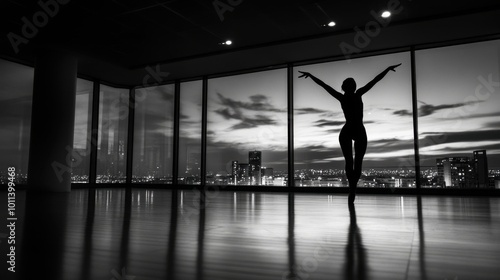 ballerina practicing in empty studio at midnight, silhouetted against city skyline, evokes sense of grace and solitude