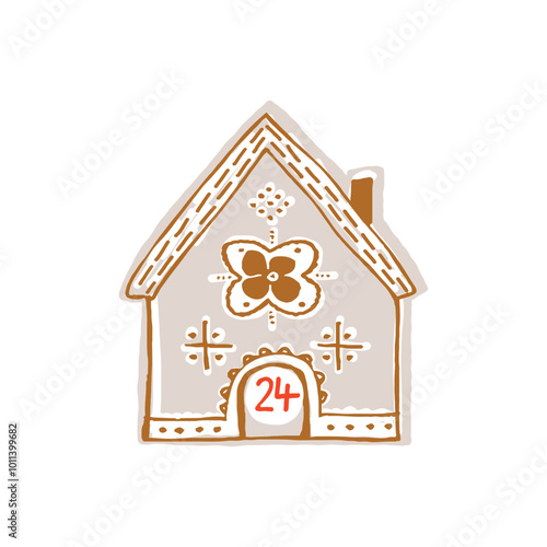 Whimsical Advent Calendar cottage door with numbers for december festive Christmas countdown. Winter holiday social media promotion campaign, festive sales and cute hand drawn festive home card design