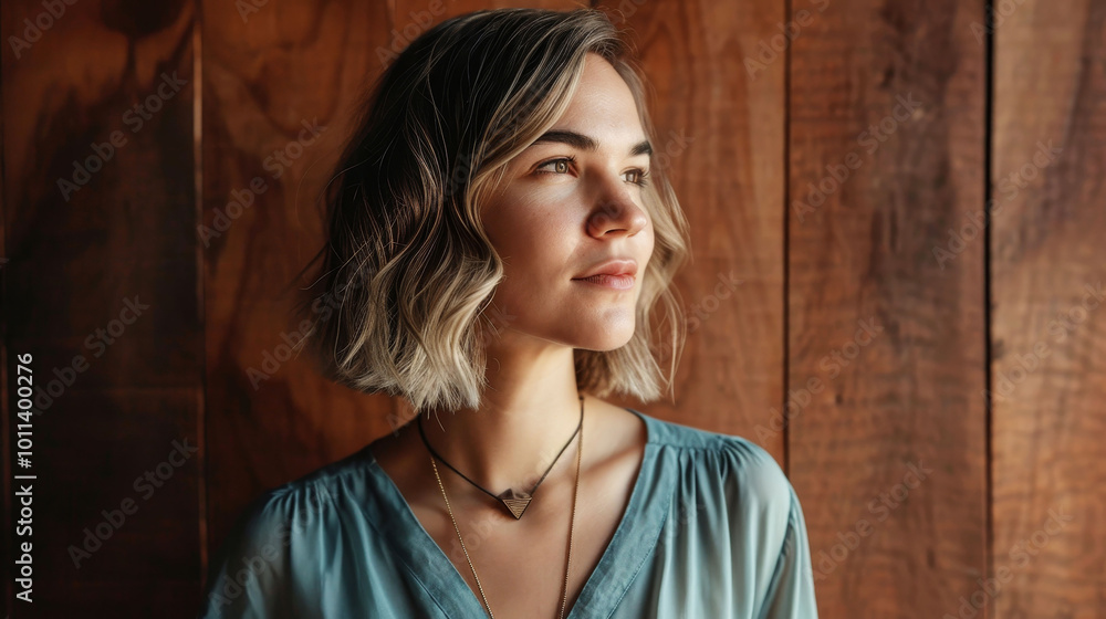 Fototapeta premium Stylish individual with ash hair and a teal blouse against a wooden backdrop
