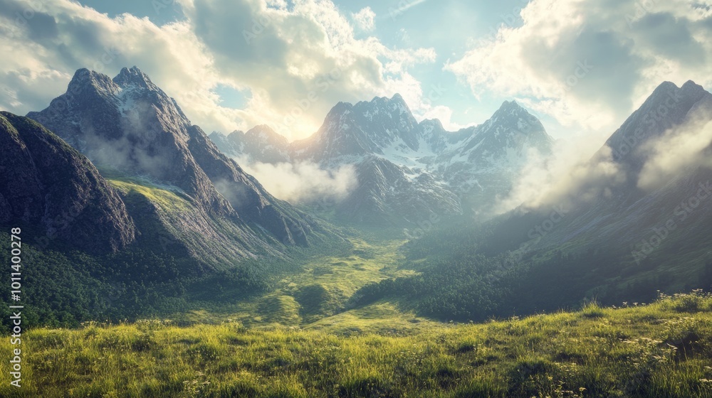 Fototapeta premium A stylized 3D scene of a mountain range and a grassy valley with low clouds and a sunbeam shining through, evoking adventure