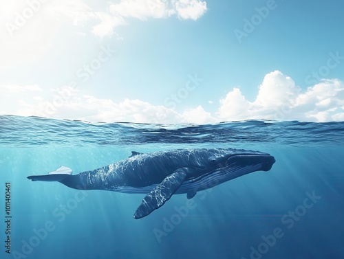 A majestic whale swimming just below the surface, its massive body contrasting with the calm ocean above, with a clear sky visible through the water Isolated background, copy space