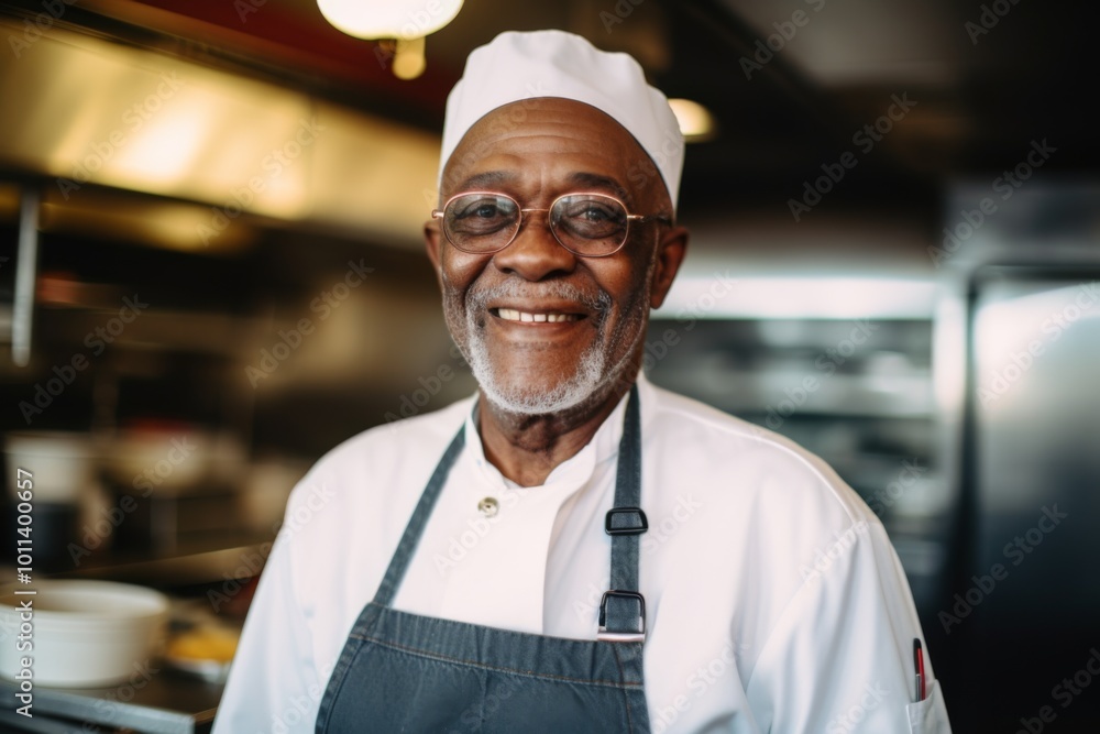 Smiling portrait of a senior male chef in professional kitchen Smiling portrait of a senior male chef in professional kitchen