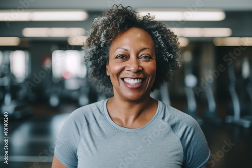 Smiling portrait of a slightly overweight African American woman in gym