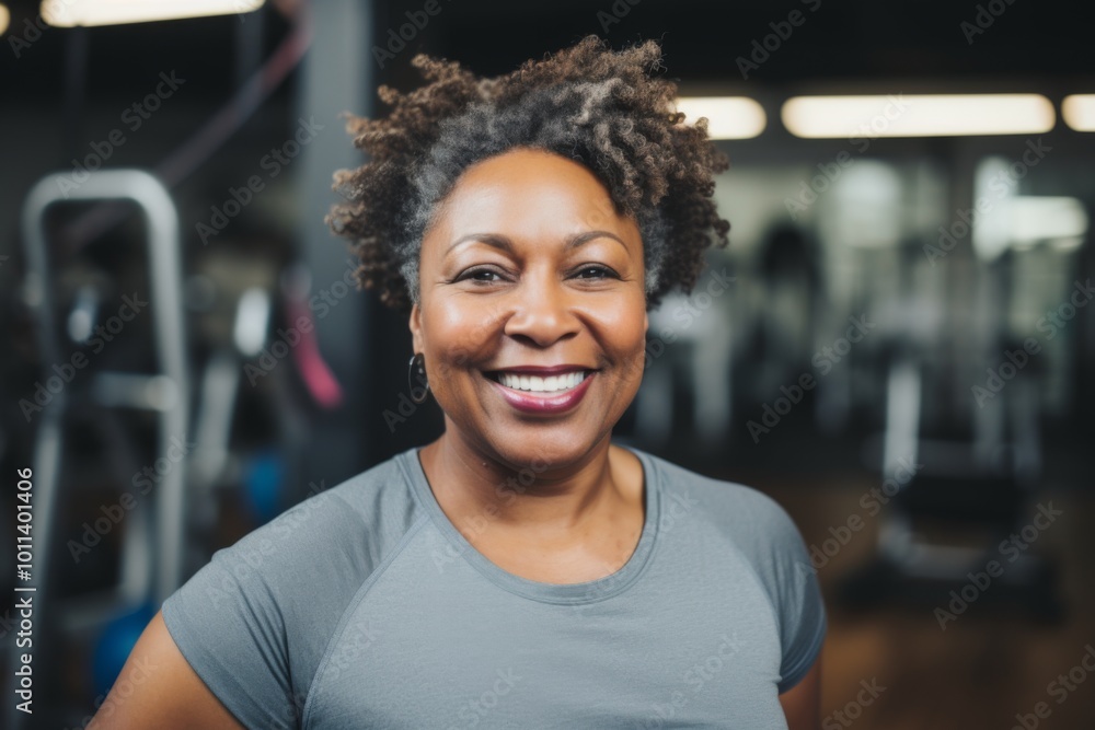 Smiling portrait of a slightly overweight African American woman in gym Smiling portrait of a slightly overweight African American woman in gym