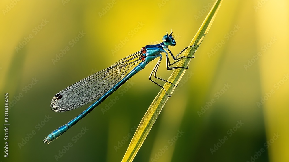 Close-up of a vibrant blue dragonfly perched on a green stalk, with a blurred yellow background creating a serene natural scene. Close-up of a vibrant blue dragonfly perched on a green stalk, with a blurred yellow background creating a serene natural scene.