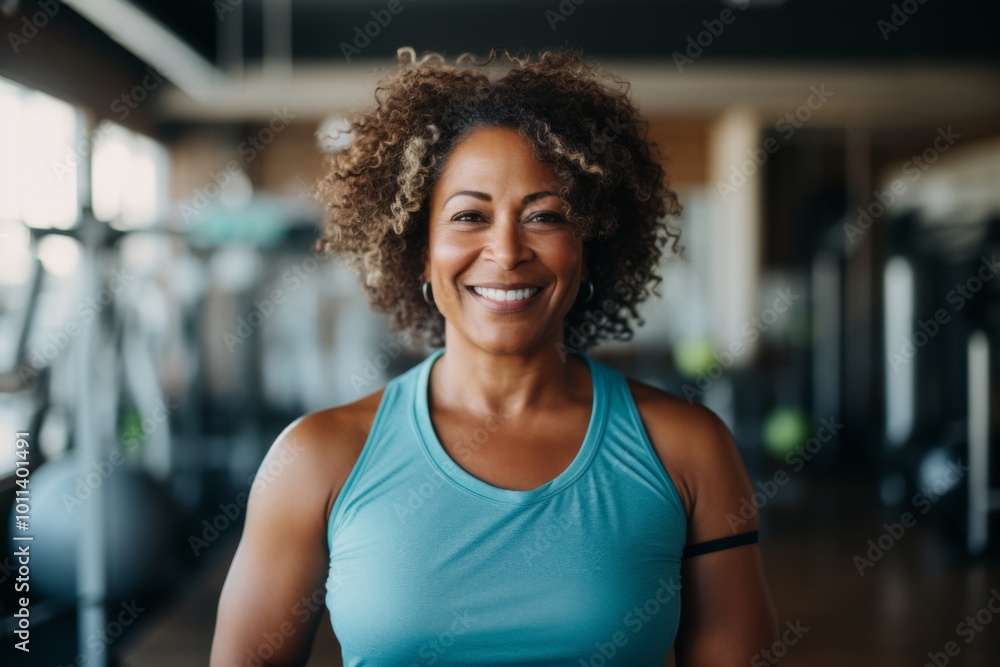Smiling portrait of a slightly overweight African American woman in gym Smiling portrait of a slightly overweight African American woman in gym