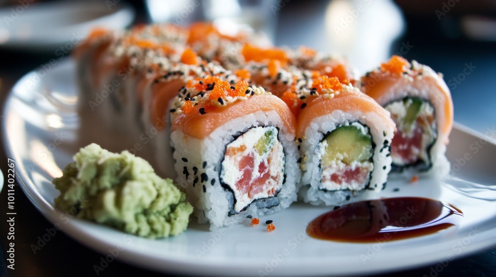 A plate of salmon sushi rolls with wasabi and soy sauce. A plate of salmon sushi rolls with wasabi and soy sauce.