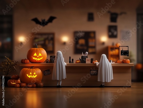 Cute miniature Halloween scene with ghost costumes and pumpkin lanterns on a cozy bar counter, perfect for festive ambiance. photo