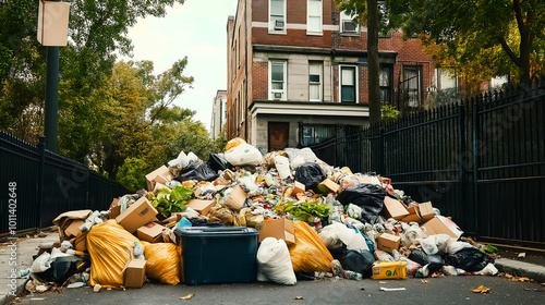 A pile of overflowing trash in front of a townhouse, Urban pollution and the problem of unmanaged trash photo