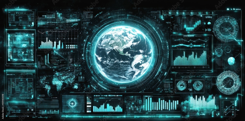 The concept of global network connection and innovation portrays abstract global statistics data on a digital interface within a dark technological background with a world map projected onto it. A 3D The concept of global network connection and innovation portrays abstract global statistics data on a digital interface within a dark technological background with a world map projected onto it. A 3D