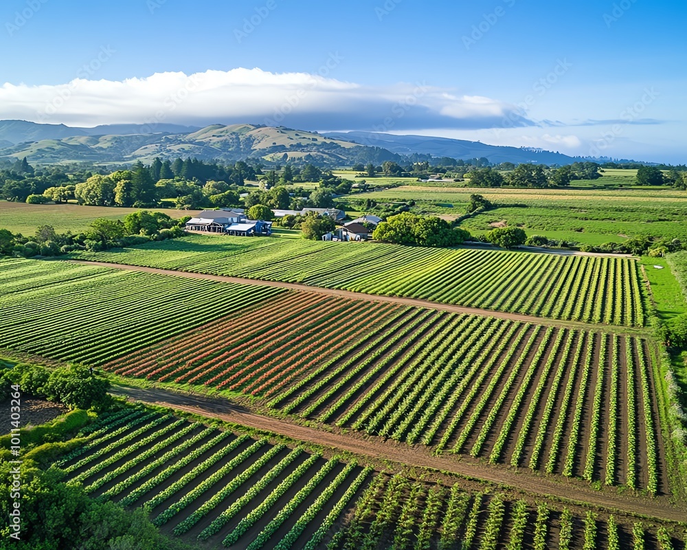 Wide-angle drone view of a vibrant, utopian farm, lush fields, colorful crops, harmonious rural life, sunlit skies Wide-angle drone view of a vibrant, utopian farm, lush fields, colorful crops, harmonious rural life, sunlit skies