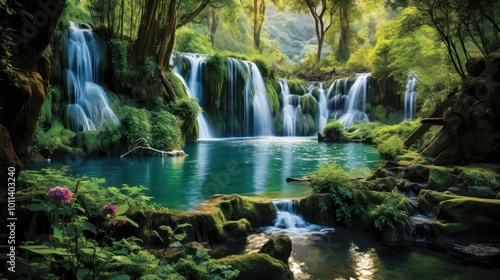 Tranquil Waterfall in a Lush Forest