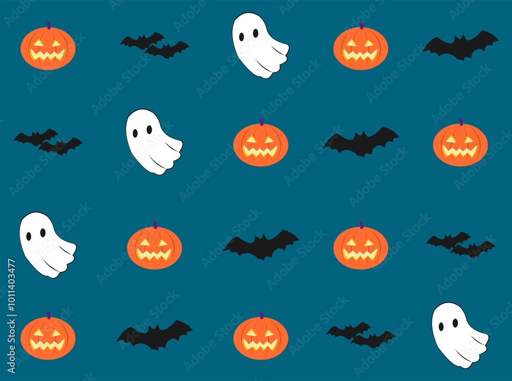 Fototapeta premium halloween seamless pattern background with pumpkin, bat, and ghost