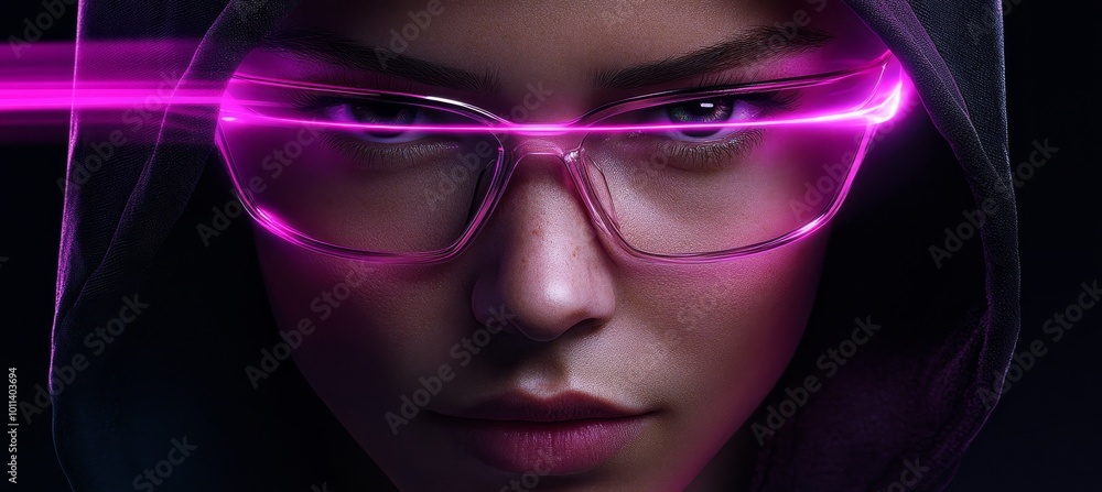 Close-Up Portrait. A Woman In A Hoodie With Neon-Glasses Stares Intensively With Piercing Eyes Close-Up Portrait. A Woman In A Hoodie With Neon-Glasses Stares Intensively With Piercing Eyes