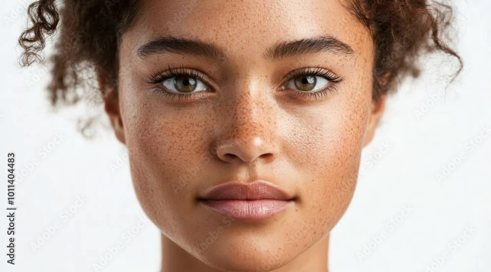 Face of a Beautiful Young Mixed-Race Woman on White Background, Realistic Skin with Imperfections Face of a Beautiful Young Mixed-Race Woman on White Background, Realistic Skin with Imperfections