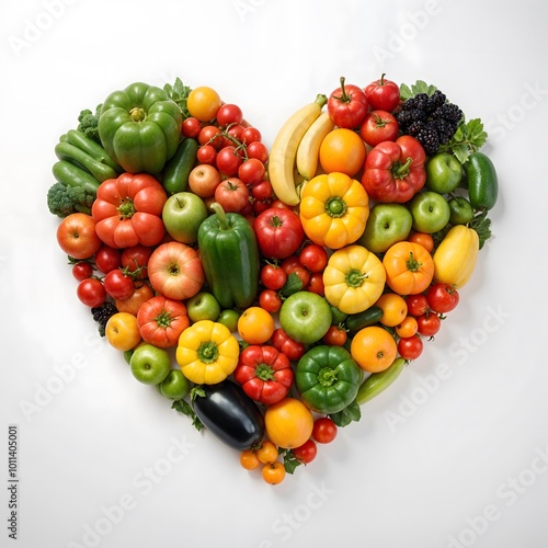 Fruits and vegetables concept, Fruits and vegetables are arranged in heart shape on white background.