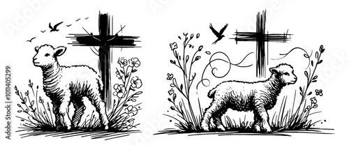 black and white lamb with cross vector religion catholic catholicism sheep animal holy easter salvation