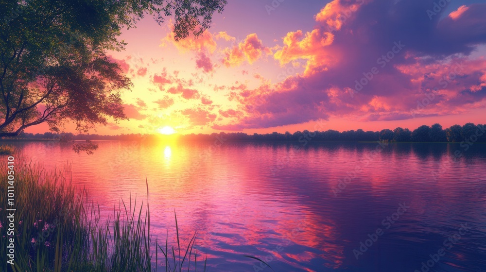 A sunset over a peaceful lake, with the sky painted in vibrant shades of pink, orange, and purple, reflecting on the waters surface A sunset over a peaceful lake, with the sky painted in vibrant shades of pink, orange, and purple, reflecting on the waters surface