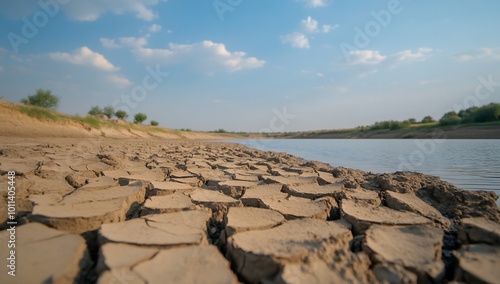 A dry riverbed shows cracked earth under a blue sky, highlighting drought.