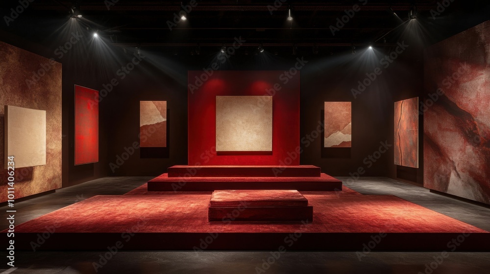 A bold podium setup with red velvet and dark wood materials, lit by sharp spotlights, surrounded by modern art pieces on a dark maroon backdrop. A bold podium setup with red velvet and dark wood materials, lit by sharp spotlights, surrounded by modern art pieces on a dark maroon backdrop.