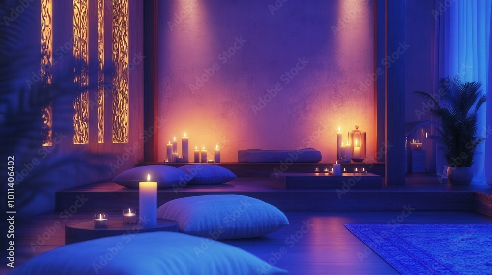 A quiet meditation room with soft lighting, candles, and calming colors promoting relaxation A quiet meditation room with soft lighting, candles, and calming colors promoting relaxation