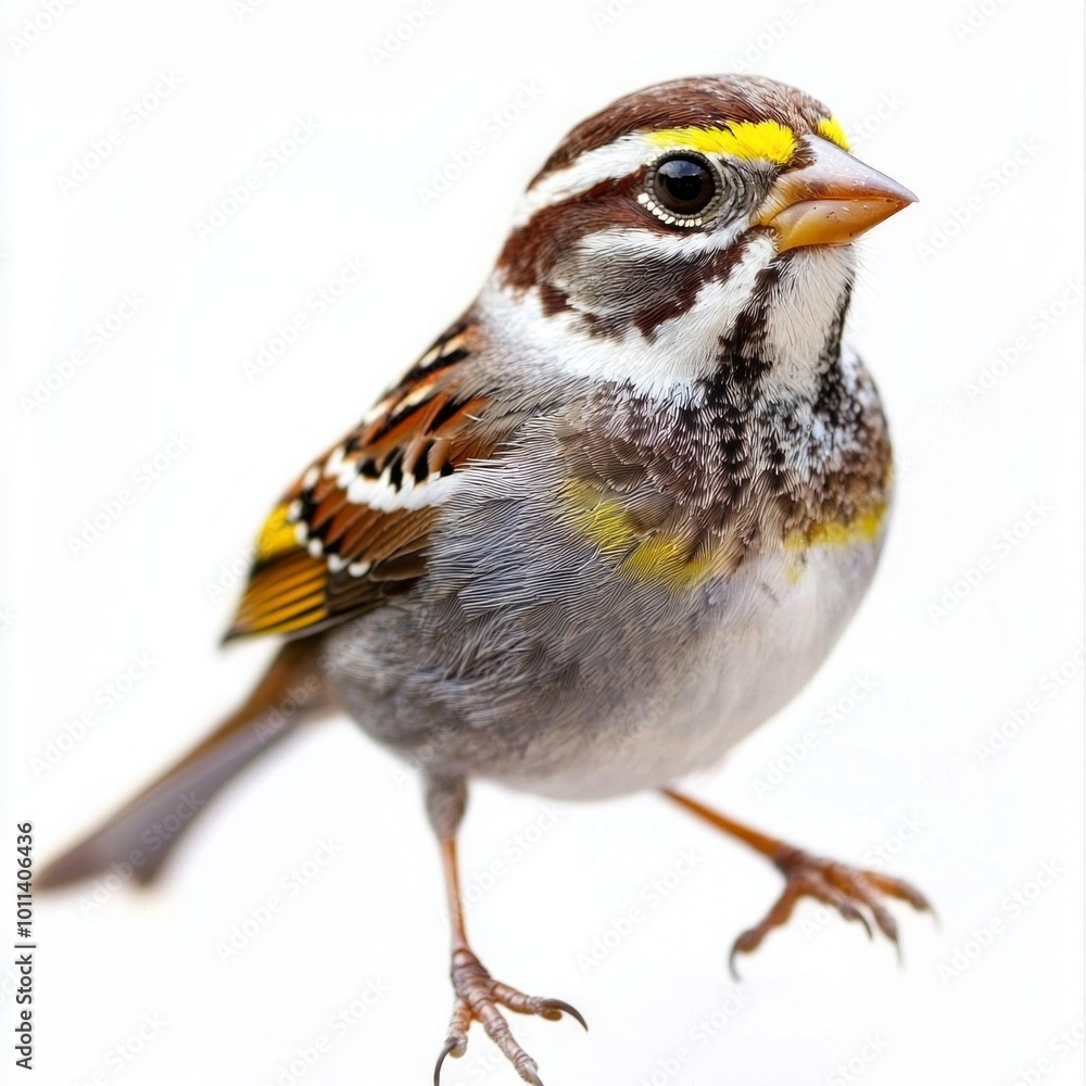 majestic white-throated sparrow sits calmly against a pure white background, displaying its colorful plumage and charming demeanor, embodying nature's beauty. majestic white-throated sparrow sits calmly against a pure white background, displaying its colorful plumage and charming demeanor, embodying nature's beauty.