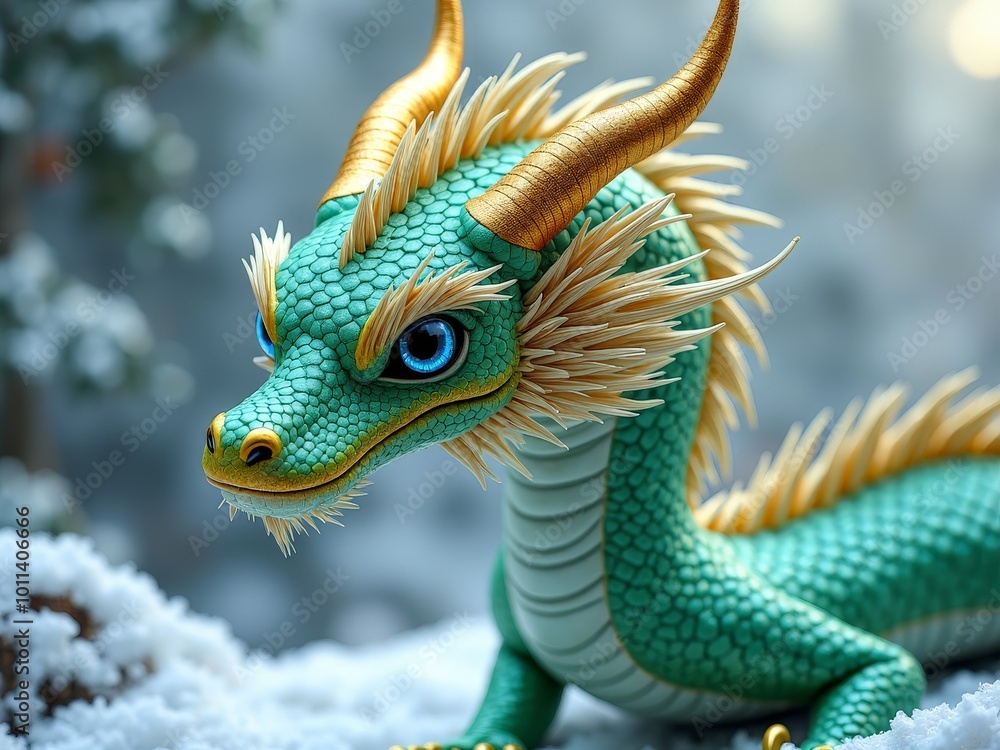 Emerald dragon with golden horns. Emerald dragon with golden horns.