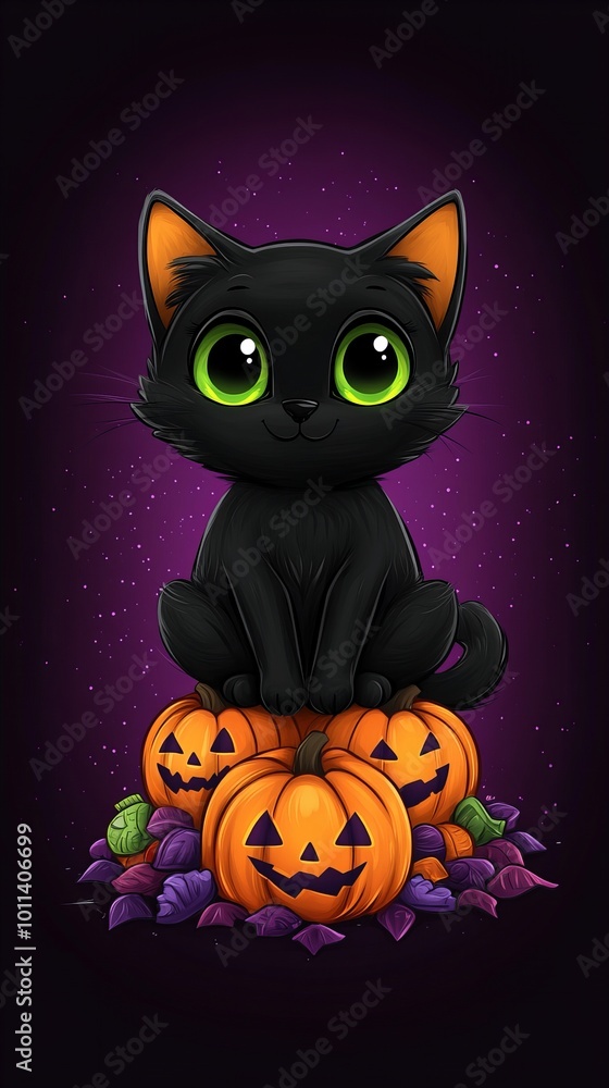 A cute black cat with big green eyes sits on top of jack-o'-lanterns against a purple background. A cute black cat with big green eyes sits on top of jack-o'-lanterns against a purple background.