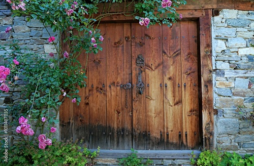 Wooden gate in the wall of the house