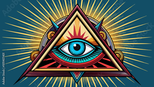 All seeing eye, freemason symbol in triangle with light ray, tattoo design