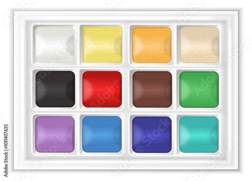 Watercolor paint template. Art palette for drawing. Bright colors. White background. Graphics for decoration. For creative projects and web design, for inspiration and creativity.