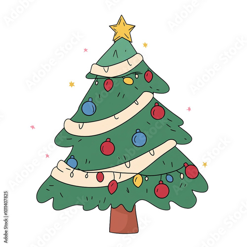 Charming hand-drawn Christmas tree decorated with colorful ornaments