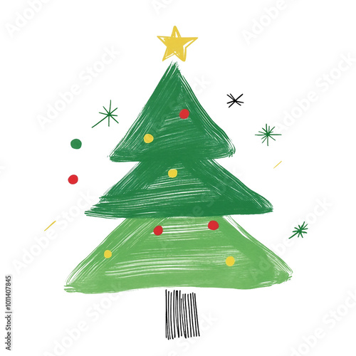 Charming hand-drawn Christmas tree decorated with colorful ornaments