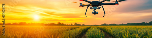 Drone flying over a field. Modern agriculture