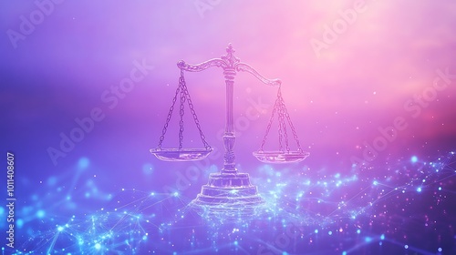 A silver scale of justice sits atop a network of glowing lines, representing the balance and fairness of the legal system.