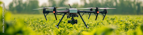 Drone flying over a field. Modern agriculture