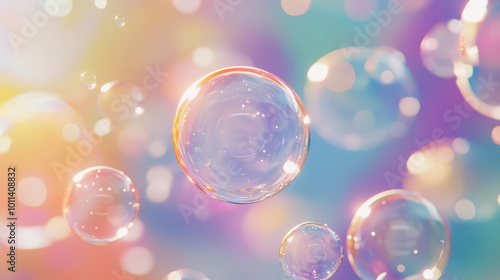 Playful floating bubbles with prismatic light effects on a digital background. Engaging design for children's education or playful branding. High-resolution, sharp focus.